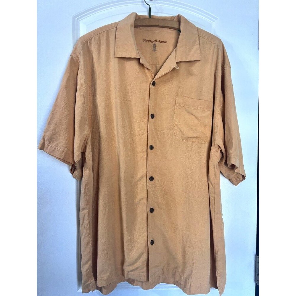 Tommy Bahama Shirt  Orange‎ Button Front 100% Silk Short Sleeve Tropical XL
